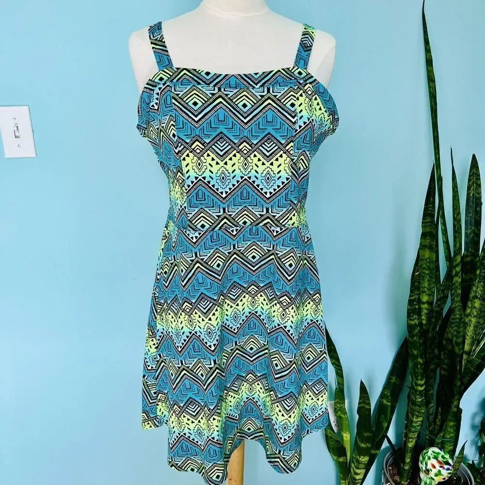 Justice 20 Plus Neon Spaghetti Strap Geometric Dress Green Blue Black 0742